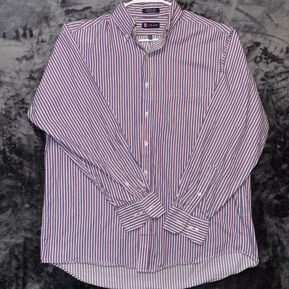 Chaps Mens Classic Fit Twill Striped Button Down Shirt Burgundy Navy 34/35